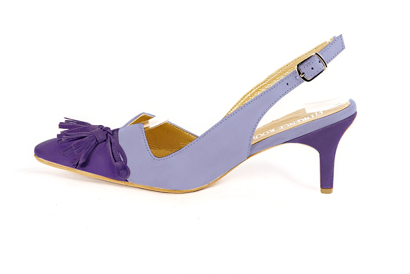 Violet purple women's open back shoes, with a knot. Tapered toe. Medium slim heel. Profile view - Florence KOOIJMAN